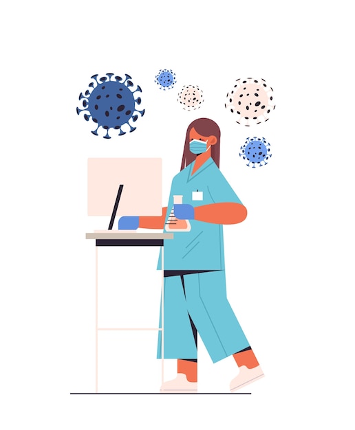 científico que desarrolla una nueva vacuna contra el coronavirus en el laboratorio investigadora que sostiene el desarrollo de la vacuna del tubo de ensayo lucha contra el concepto de covid-19 ilustración vertical