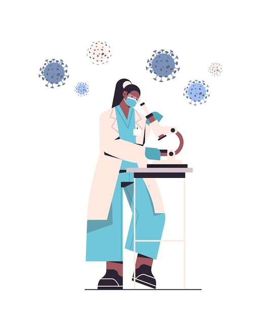 científico que desarrolla una nueva vacuna contra el coronavirus en el laboratorio investigadora que trabaja en el desarrollo de una vacuna con microscopio lucha contra la ilustración del concepto de covid-19