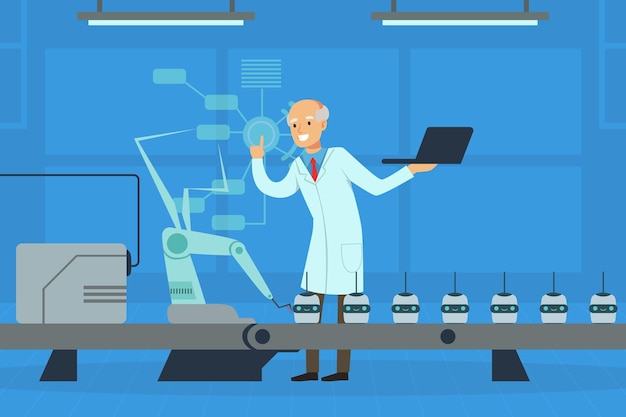 Científico que lleva a cabo un experimento con una ilustración vectorial de asistencia de inteligencia artificial