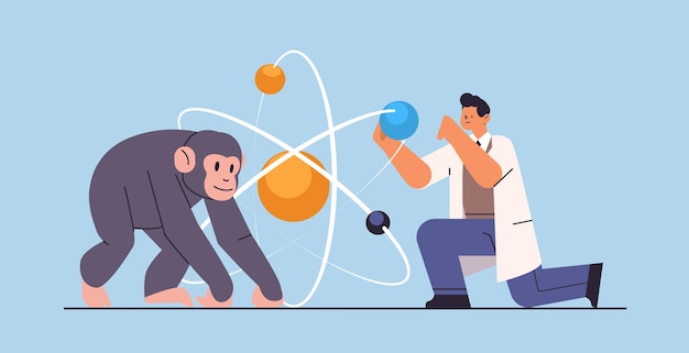científico que realiza experimentos en el laboratorio con un trabajador veterinario animal con investigación experimental de ingeniería genética biológica de monos en la ilustración de vectores horizontales de laboratorio
