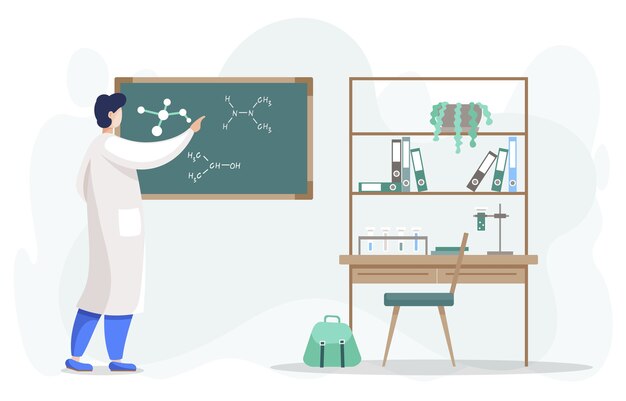 Científico que realiza una investigación escribiendo elementos de fórmula molecular en la pizarra