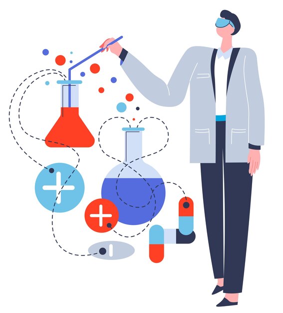 Científico que trabaja en investigación en laboratorio, personaje masculino aislado con tubos y sustancias relacionadas con el experimento. médico o trabajador farmacéutico con vasos de precipitados y vector de equipo en plano