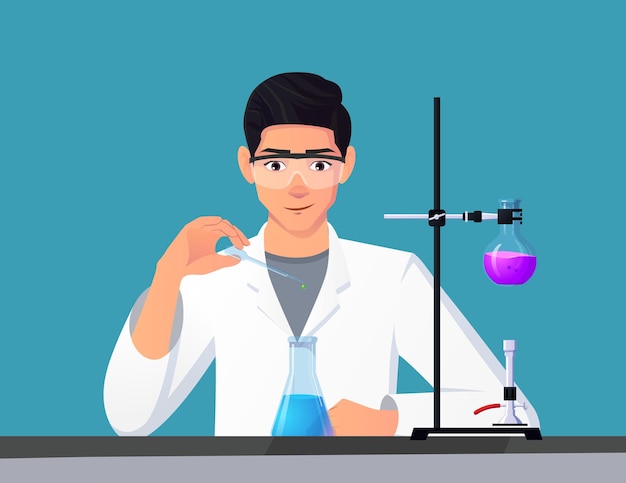 Vector científico químico hombre mezclando productos químicos en un laboratorio y realizando investigaciones vector ilustración