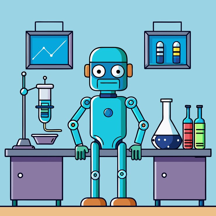 Vector un científico robot azul trabaja en un laboratorio