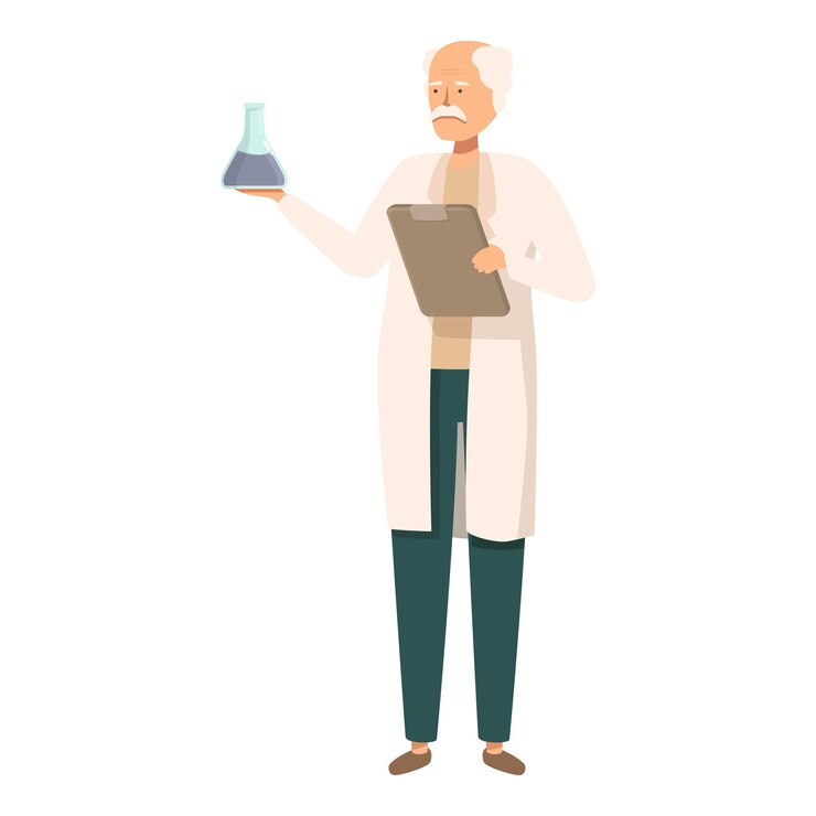 Científico sénior sosteniendo un frasco y un clipboard haciendo una ilustración de experimento