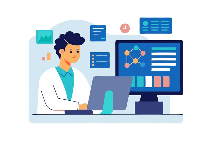 Vector un científico trabajando en una computadora en un laboratorio analizando datos y haciendo investigación en un proyecto científico