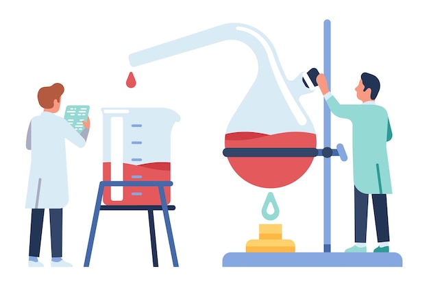 Vector científico trabajando. experiencia química y desarrollo de nuevas vacunas. investigador mezcla reactivos en laboratorio de farmacia. personas con quemador de laboratorio y tubos de ensayo. experimento científico de vector