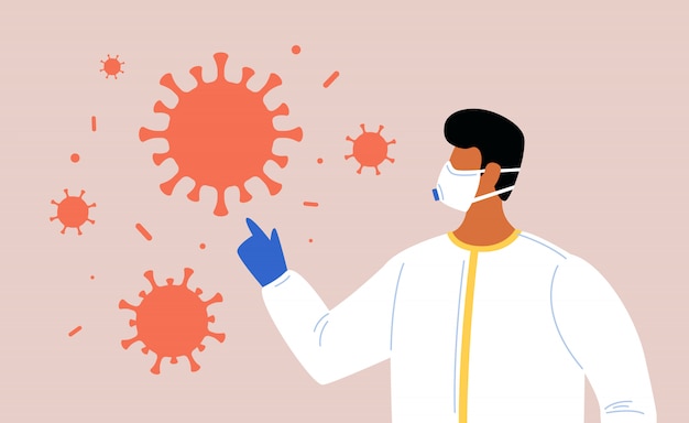 El científico-virólogo con traje protector y máscara apunta a moléculas de bacterias.