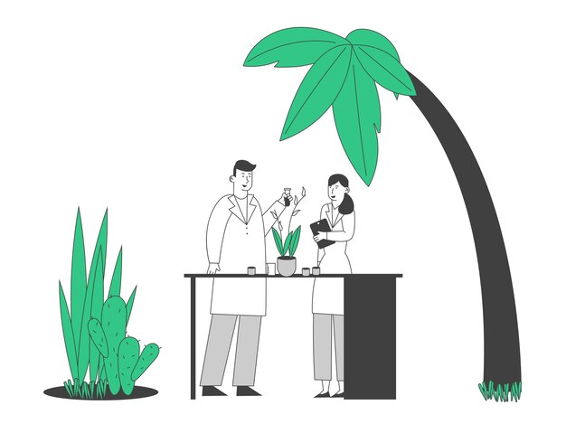 Científicos botánicos en invernadero con gadget y probeta aprendiendo especies de plantas raras exóticas