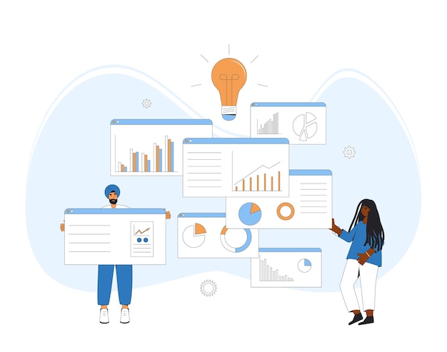 Científicos de datos Concepto de analista de negocios Caracteres con esquemas y diagramas