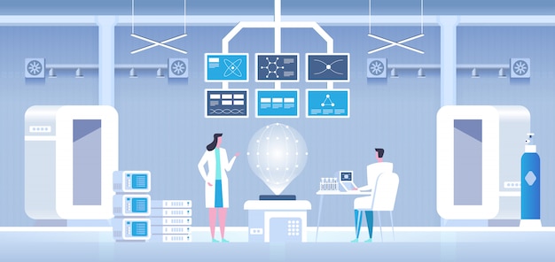 Vector científicos hombre y mujer realizando investigaciones en un laboratorio