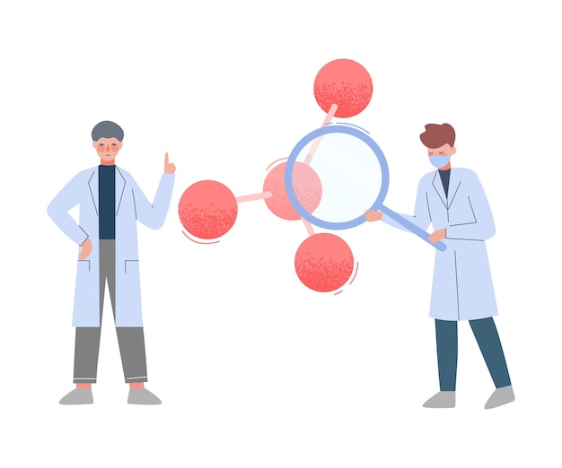 Científicos en el laboratorio hombres en bata blanca analizando la estructura molecular con gas de ampliación estilo plano