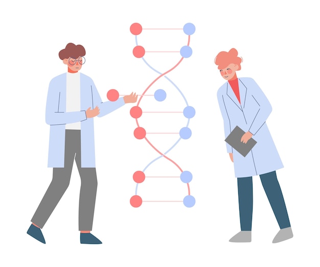 Científicos en el laboratorio Pequeñas personas en bata blanca haciendo investigadores profesionales con estructura de ADN modificación del genoma Ilustración vectorial de estilo plano