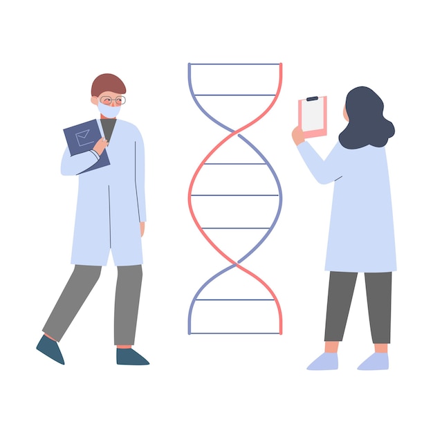 Científicos en el laboratorio pequeñas personas en bata blanca haciendo investigadores profesionales con estructura de ADN