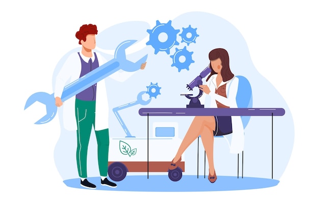 Los científicos en el laboratorio, personas con abrigos blancos, llevan a cabo experimentos científicos con investigadores químicos.