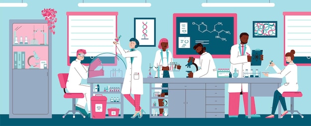 Científicos en laboratorio químico o farmacéutico ilustración vectorial plana