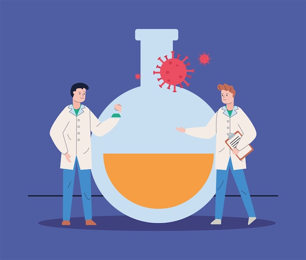 Científicos masculinos con prueba de tubo y vacuna de investigación de partículas covid19