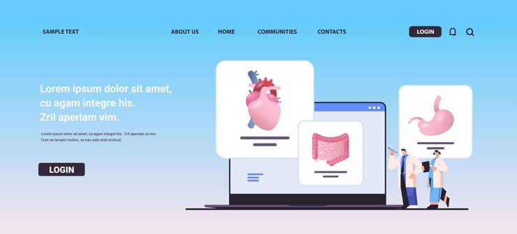 Vector científicos que examinan los órganos internos anatómicos del cuerpo humano en la pantalla del portátil anatomía medicina ciencia salud