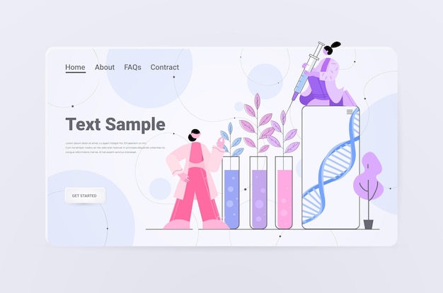 Científicos que trabajan con adn de plantas en tubos de ensayo investigadores que realizan experimentos en el laboratorio concepto de plantas modificadas genéticamente