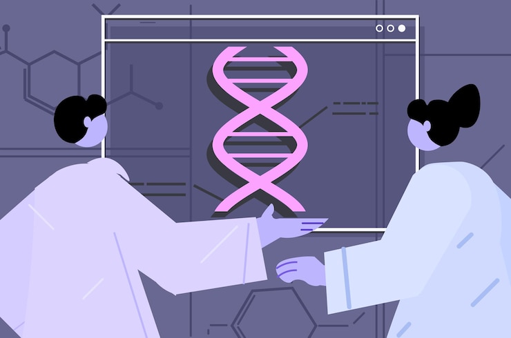 Vector científicos que trabajan con investigadores de adn que realizan experimentos en el laboratorio de pruebas de adn concepto de diagnóstico genético