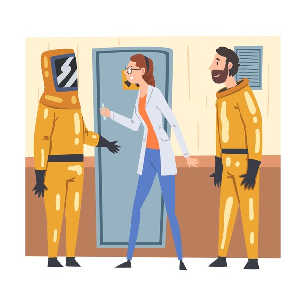 Científicos que trabajan en laboratorios científicos Asistentes con trajes de protección y científicos con abrigos de laboratorio blancos que llevan a cabo experimentos Ilustración vectorial