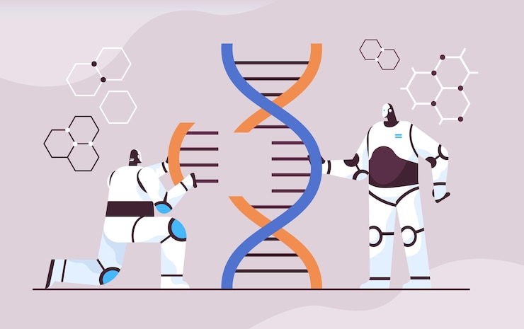 Vector científicos robóticos que trabajan con investigadores de robots de adn que realizan experimentos en el laboratorio pruebas de adn diagnóstico genético inteligencia artificial