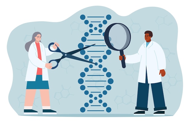 Vector los científicos secuencian la hélice de adn investigando y analizando la molécula de adn en el laboratorio clínico