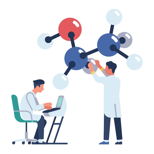 Los científicos trabajan en laboratorio. Experiencia química. Los investigadores exploran la estructura química de las moléculas. Trabajadores de laboratorio de biotecnología. Examen científico. Experimentos de farmacia o química. Concepto de vector