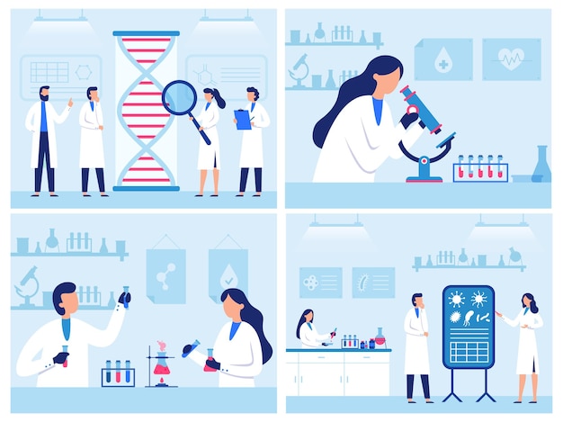 Los científicos trabajan en laboratorio. Laboratorio de investigación genética profesional, investigaciones de virus y sangre. Conjunto de ilustraciones de diagnóstico de calidad del agua.