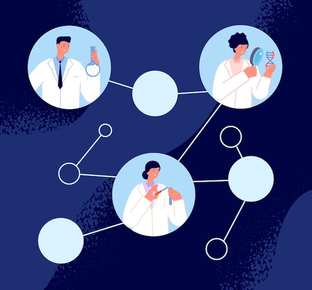 Científicos en el trabajo ley de investigación plana científico instrumento de trabajo equipo de tecnología química que trabaja a distancia en el concepto de vector completo de laboratorio