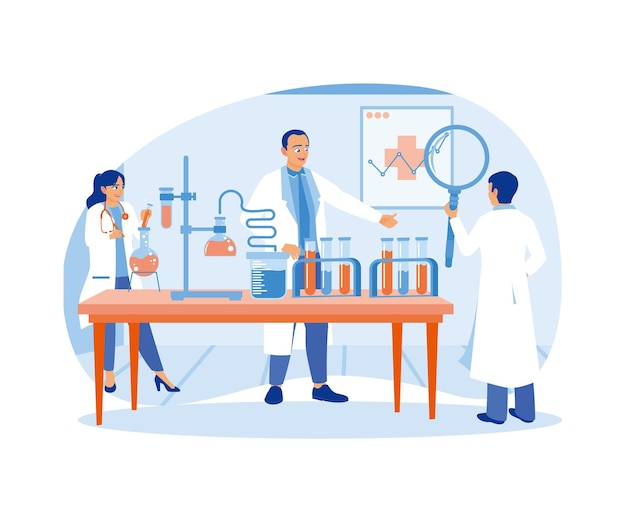 Los científicos usan abrigos de laboratorio Llevan a cabo experimentos en el laboratorio Concepto de laboratorio Ilustración vectorial plana