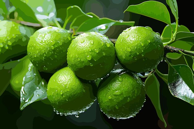 Cierra el limón verde fresco con la gota de agua en el árbol y el fondo borroso verde