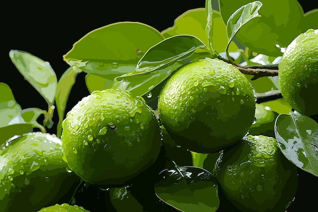 Vector cierra el limón verde fresco con la gota de agua en el árbol y el fondo borroso verde