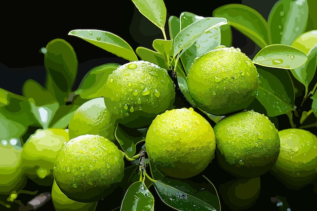 Vector cierra el limón verde fresco con la gota de agua en el árbol y el fondo borroso verde