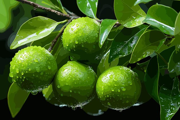 Cierra el limón verde fresco con la gota de agua en el árbol y el fondo borroso verde