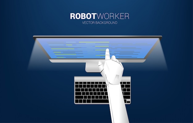 Ciérrese encima del cuaderno de la computadora del tacto de la mano del robot. Concepto para el trabajador de aprendizaje automático.
