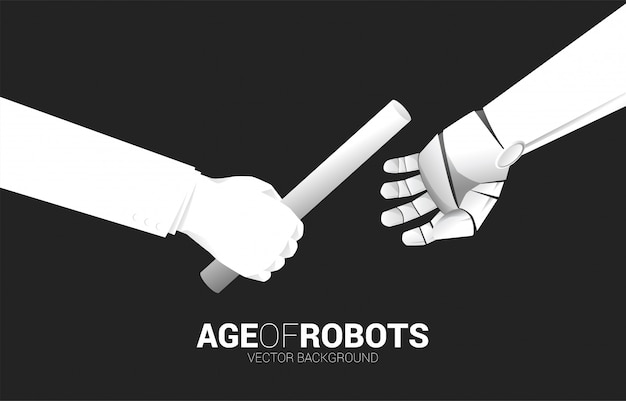 Ciérrese encima de la mano que pasa el bastón en carrera de relevos de humano a robot.