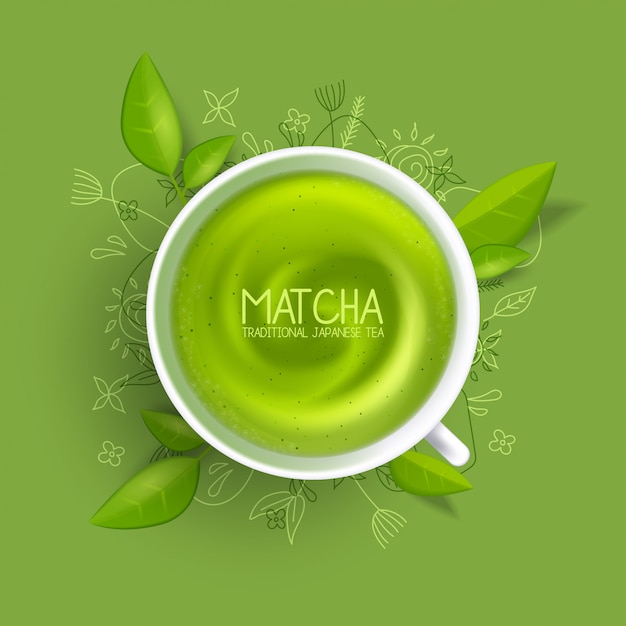Ciérrese encima de una taza de té verde de Matcha Bebida caliente del arte tardío. ilustración