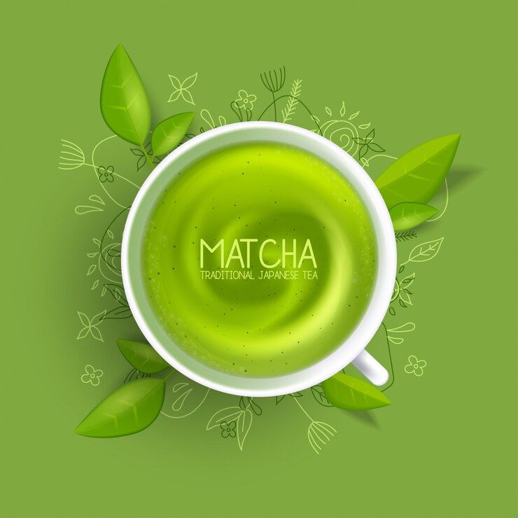 Ciérrese encima de una taza de té verde de Matcha Bebida caliente del arte tardío. ilustración