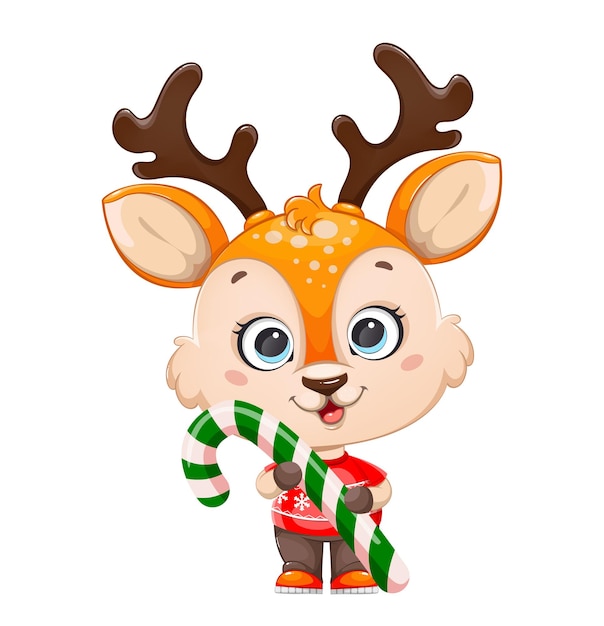 Ciervo bebé lindo que sostiene el bastón de caramelo grande. Alegre pequeño personaje de dibujos animados de renos. Feliz navidad y próspero año nuevo. Ilustración vectorial de stock sobre fondo blanco.
