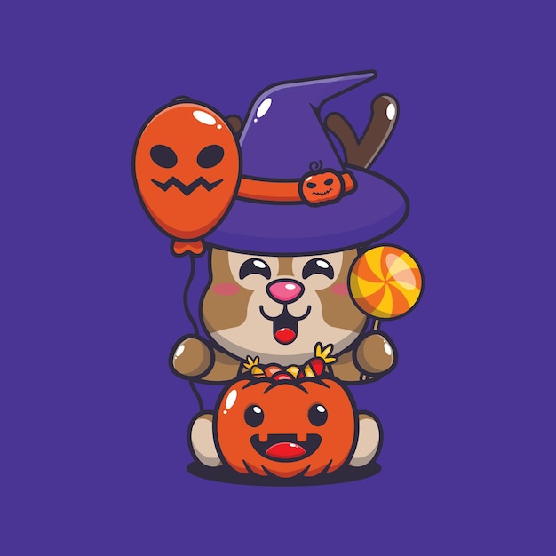 Vector ciervo brujo sosteniendo globos y dulces de halloween. linda ilustración de dibujos animados de halloween.