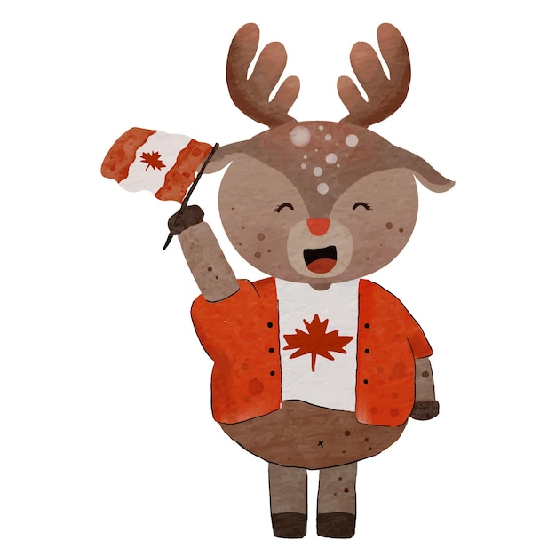 Vector ciervo canadiense ondeando la bandera canadiense para el vector de ilustración del día canadiense