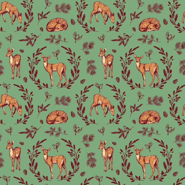 Vector ciervo cervatillo bosque floral de patrones sin fisuras ilustraciones realistas bocetos vectoriales dibujados a mano estilo de papel tapiz vintage