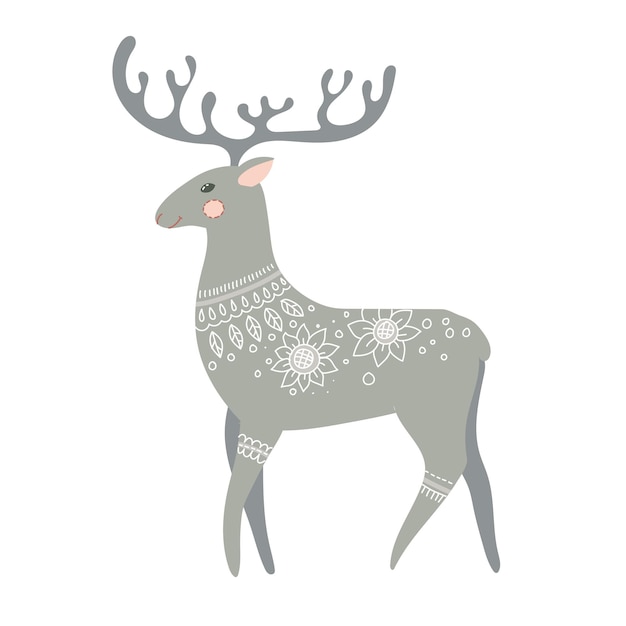 Ciervo gris en boho en colores pastel Hermoso animal salvaje Ilustración de vector de invierno aislado