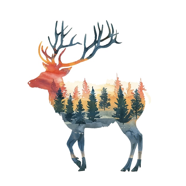 ciervo con ilustración vectorial del bosque en estilo acuarela