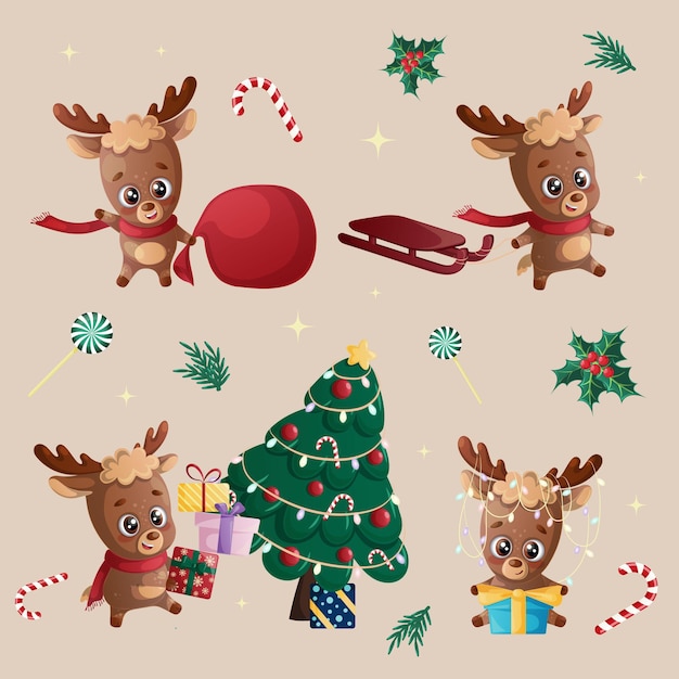 El ciervo lindo es un elemento de diseño para tarjetas de invitación, años nuevos, fiestas de Navidad, cumpleaños y niños.