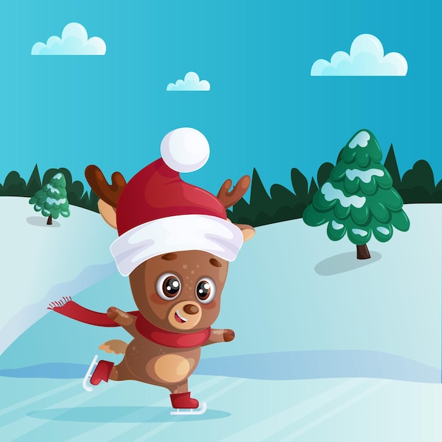 Un ciervo lindo y feliz está patinando Diseño de una tarjeta de Navidad