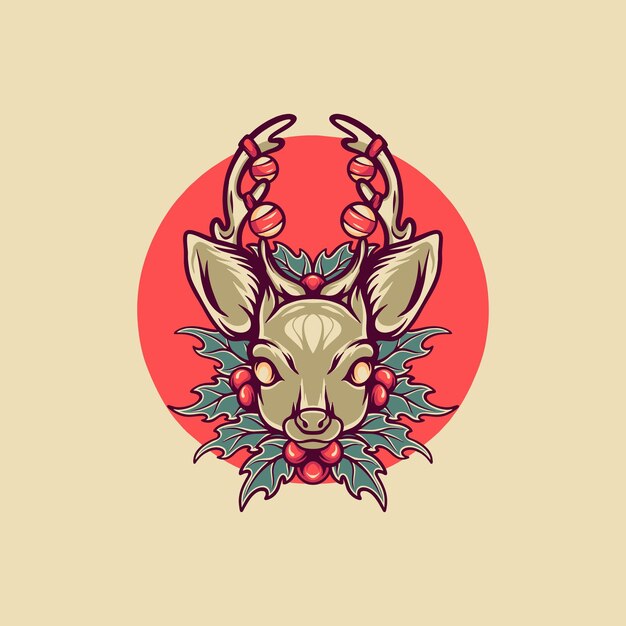 El ciervo de Navidad y las flores de acebo Ilustración retro
