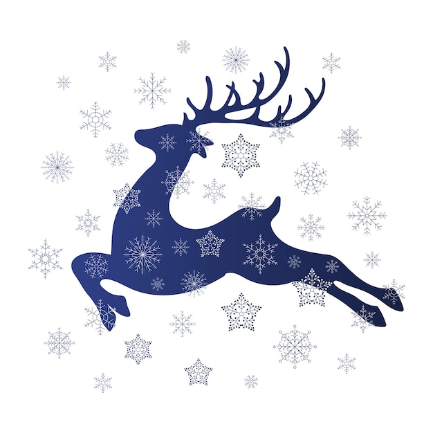 Ciervo de Navidad en silueta de copos de nieve blancos Vector de tarjeta de ilustración de invierno festivo