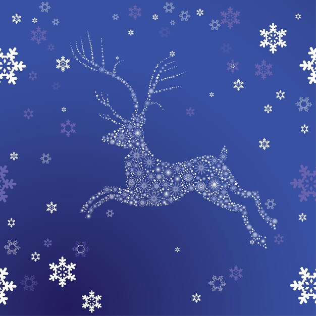 Ciervo navideño de copos de nieve y estrellas en el cielo de invierno como símbolo de Navidad Vector de fondo de vacaciones